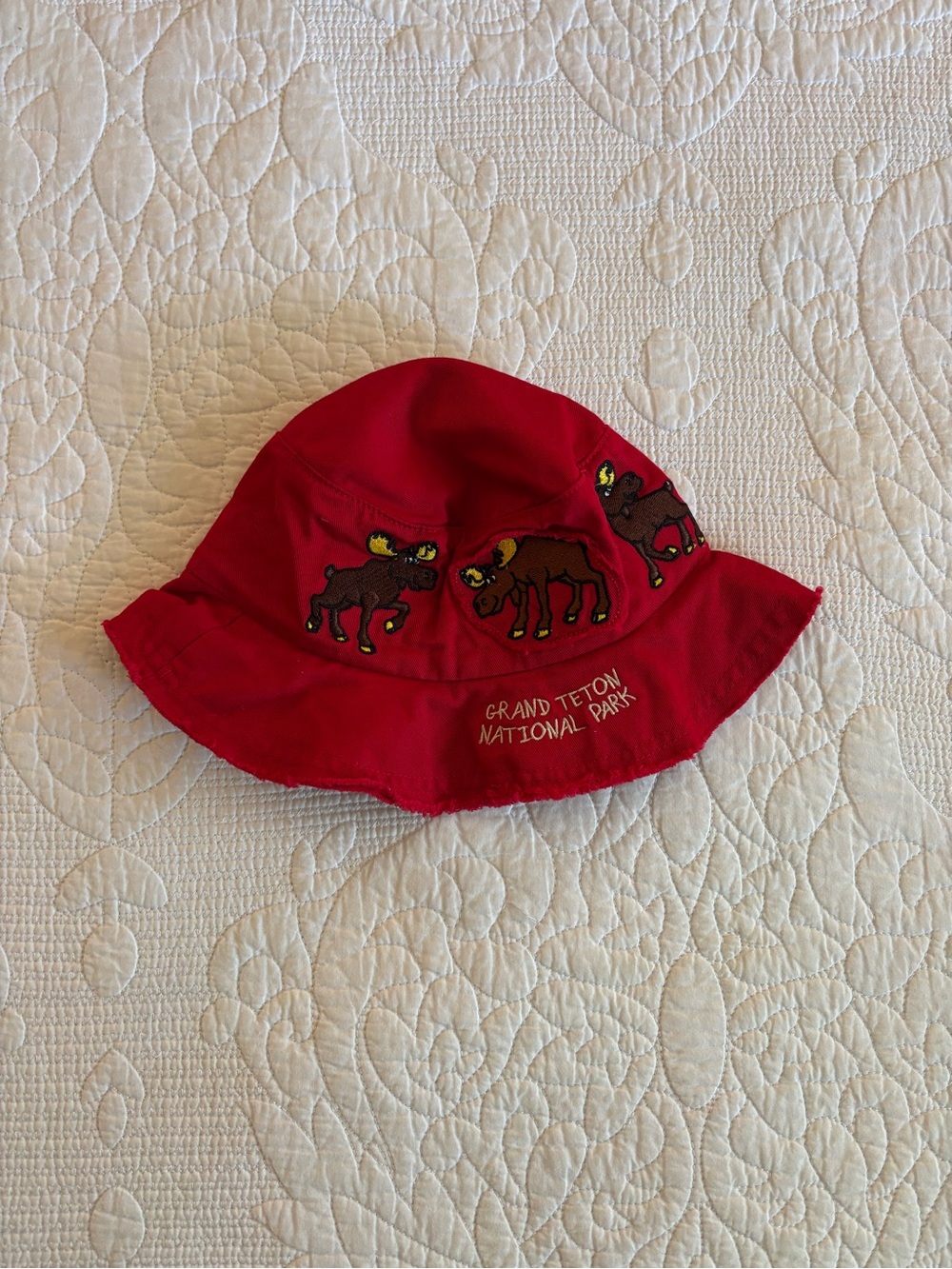 Vintage Toddler Grand Teton National Park Red Bucket Hat with Moose Embroidery